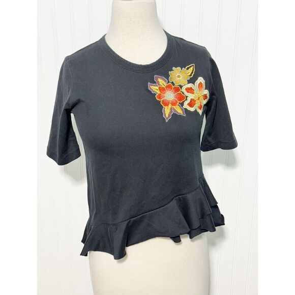 Sandro Paris Women's Asymmetric Peplum Floral Patch Embroidered Tee Black Size 4 - Picture 15 of 15
